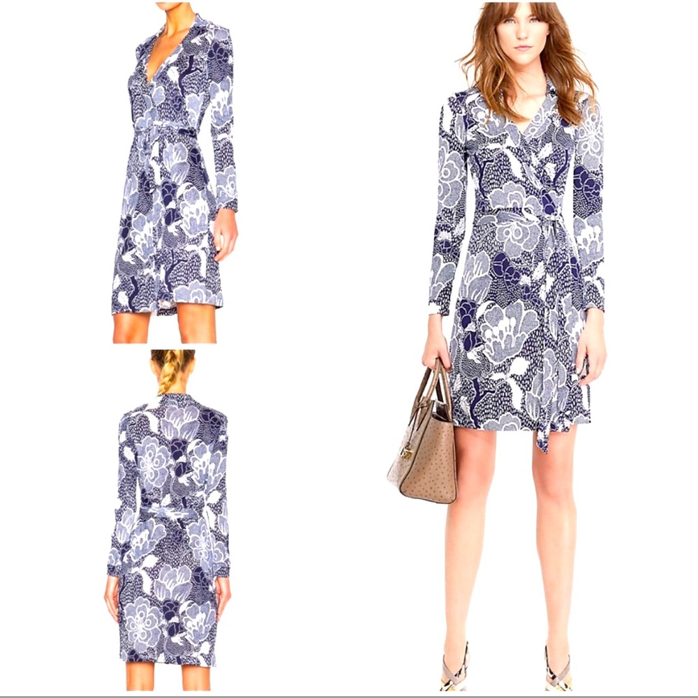 100% SILK DVF Diane von Furstenberg New Jeanne Two blue white print wrap dress 4